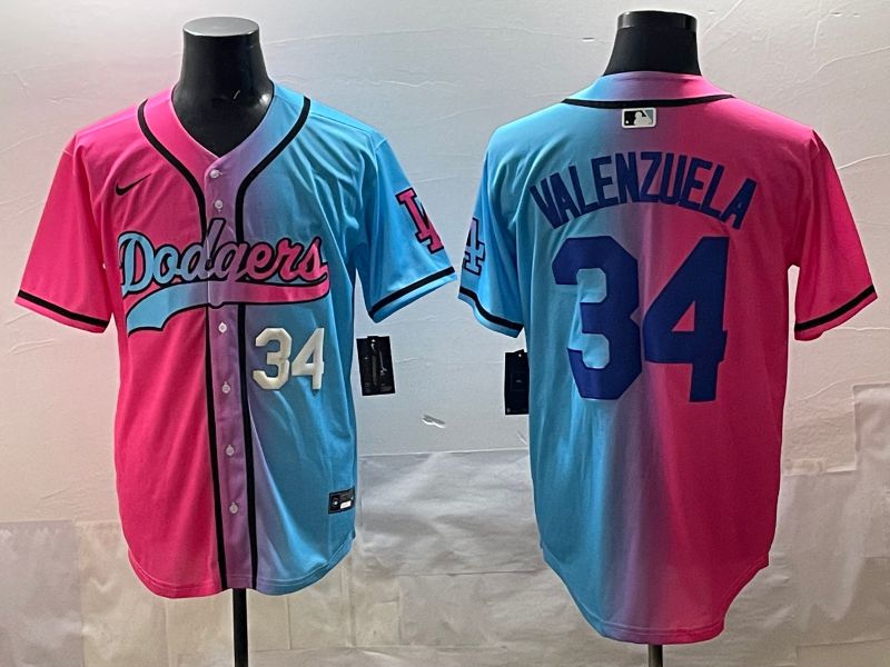 Men 2025 Los Angeles Dodgers #34 Valenzuela Blue pink Game Nike MLB Jersey style 03